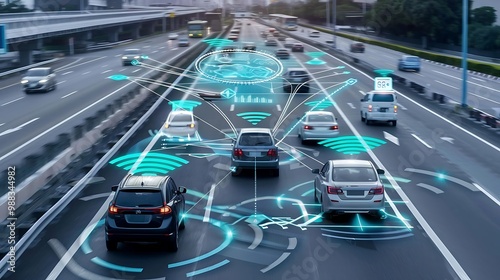 Autonomous driving technology, showcasing connected cars on a highway with digital interfaces and sensors for navigation and safety.