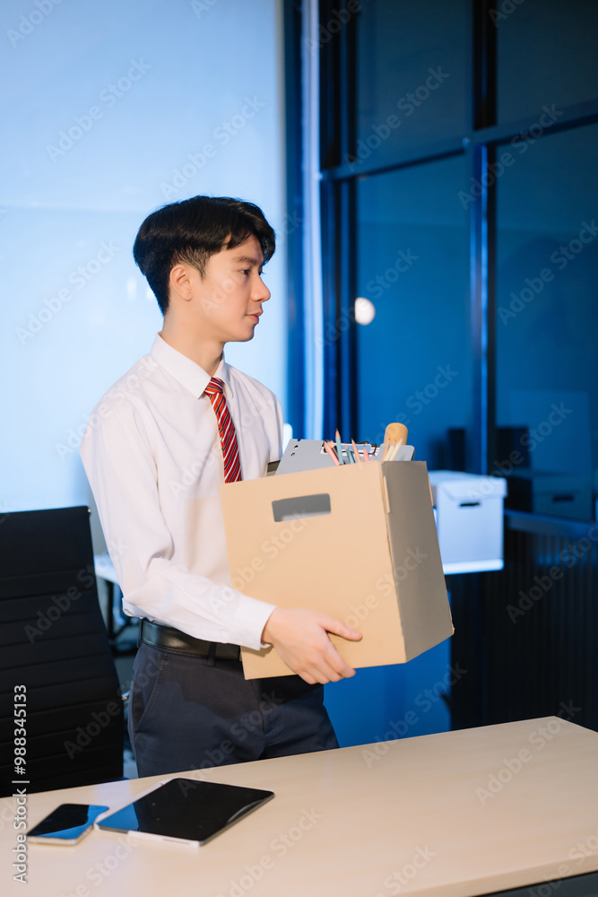 young Asian man office worker celebrating her resignation, carrying her personal stuff. leaving job, changing or company young Asian man office worker celebrating her resignation, carrying her personal stuff. leaving job, changing or company
