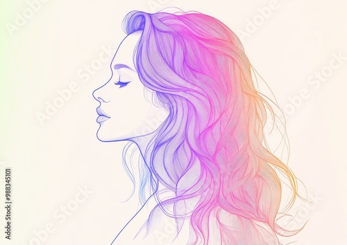 Line art illustration featuring a rainbow gradient depiction of a cartoon woman