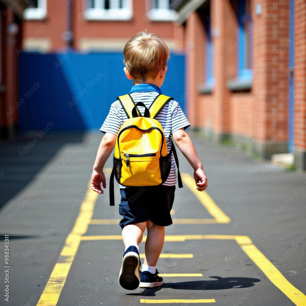 Boy going to school. A little boy with a yellow backpack walks along the road marked with yellow lines.