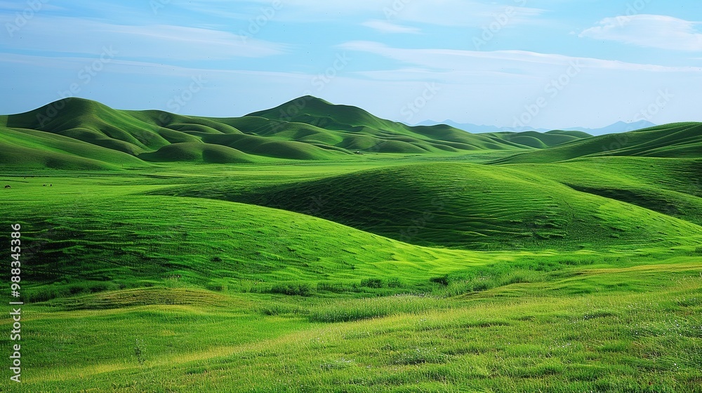A glorious display of beautiful scenery with natural beauty and expansive grasslands. The grasslands are a vivid green, stretching as far as the eye can see. There are wildflowers dotting the landscap A glorious display of beautiful scenery with natural beauty and expansive grasslands. The grasslands are a vivid green, stretching as far as the eye can see. There are wildflowers dotting the landscap