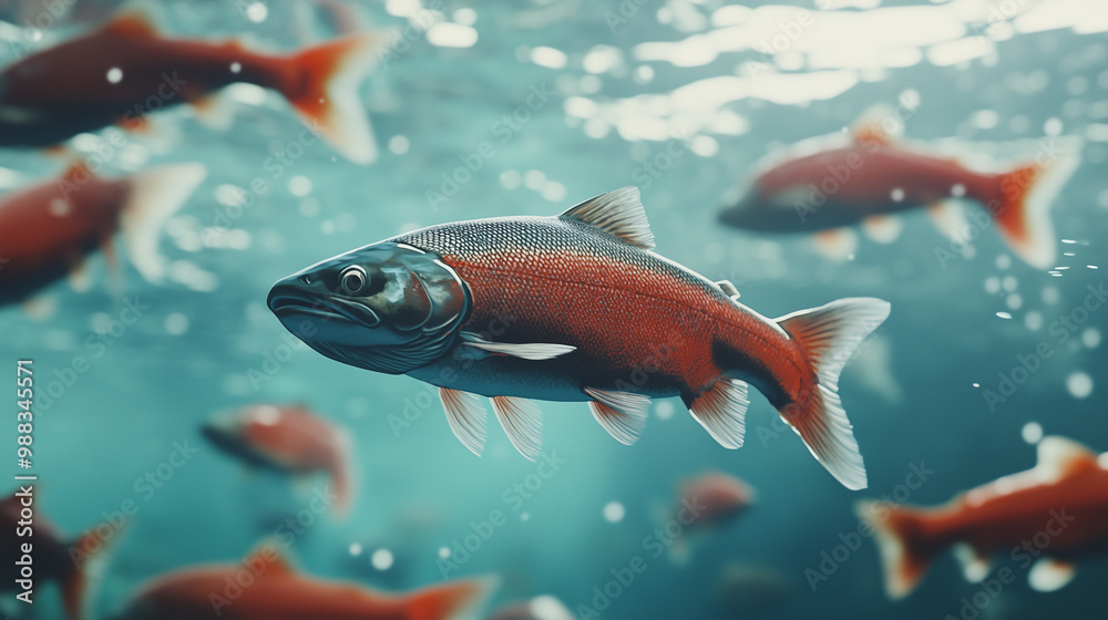 Fototapeta premium Salmon swimming on the surface of fish farm. fish. Illustrations 