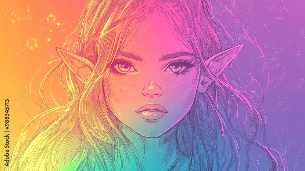 Line art illustration of a colorful gradient depicting a cartoon elf girl with an engaging expression Line art illustration of a colorful gradient depicting a cartoon elf girl with an engaging expression