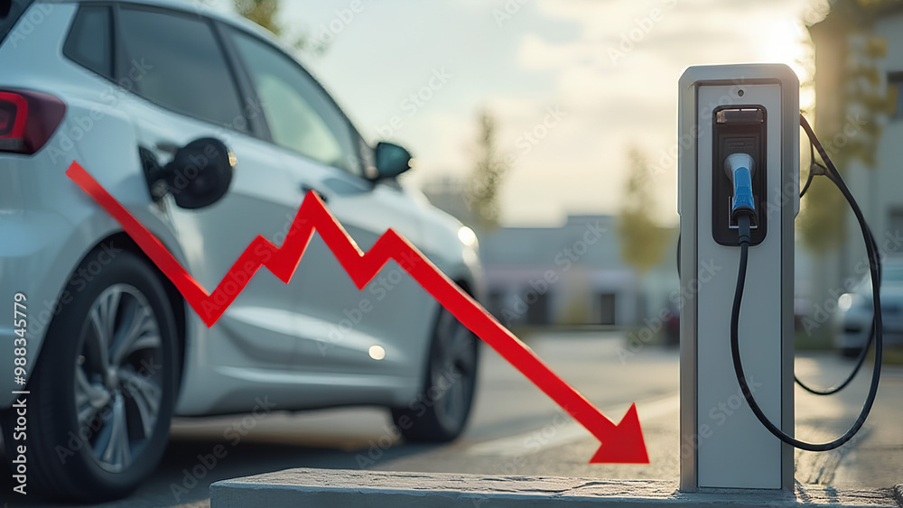 Electric vehicle charging station with a red downward trend line symbolizing the ev market downturn