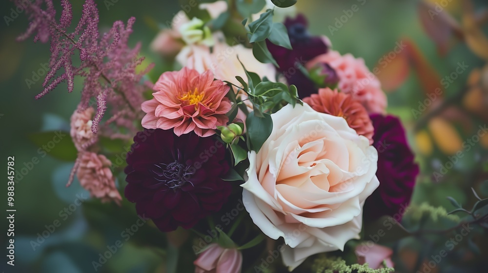 A beautiful fresh bouquet of assorted flowers showcasing roses, dahlias, and greenery arranged outdoors in a lush garden during late afternoon A beautiful fresh bouquet of assorted flowers showcasing roses, dahlias, and greenery arranged outdoors in a lush garden during late afternoon