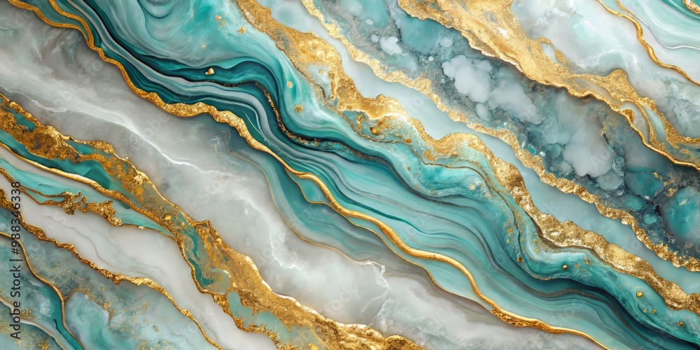 Golden and turquoise resin flows merge with intricate marble textures against a gentle gray background basking in soothing cool light to form a mesmerizing modern design. Golden and turquoise resin flows merge with intricate marble textures against a gentle gray background basking in soothing cool light to form a mesmerizing modern design.