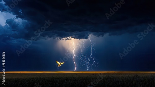 A powerful landscape showcasing a dramatic storm with lightning strikes and a bird in flight against dark clouds. photo