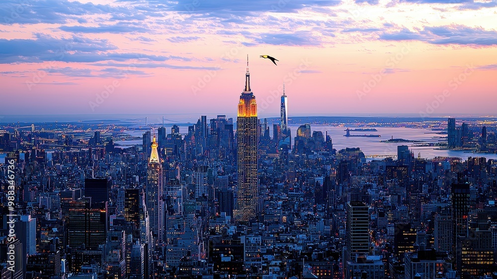 Obraz premium A stunning skyline view of New York City at dusk, showcasing iconic skyscrapers against a colorful sunset.