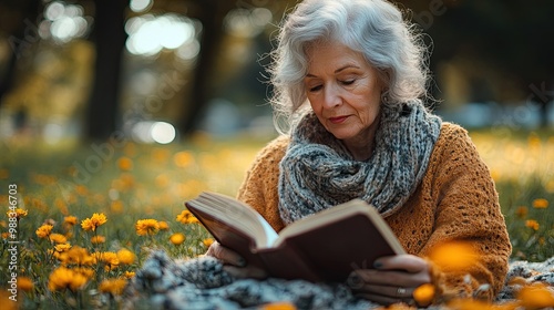 beautiful elderly woman reading book outdoor in park having relaxing moment grandmother reading the bible in the cemetery