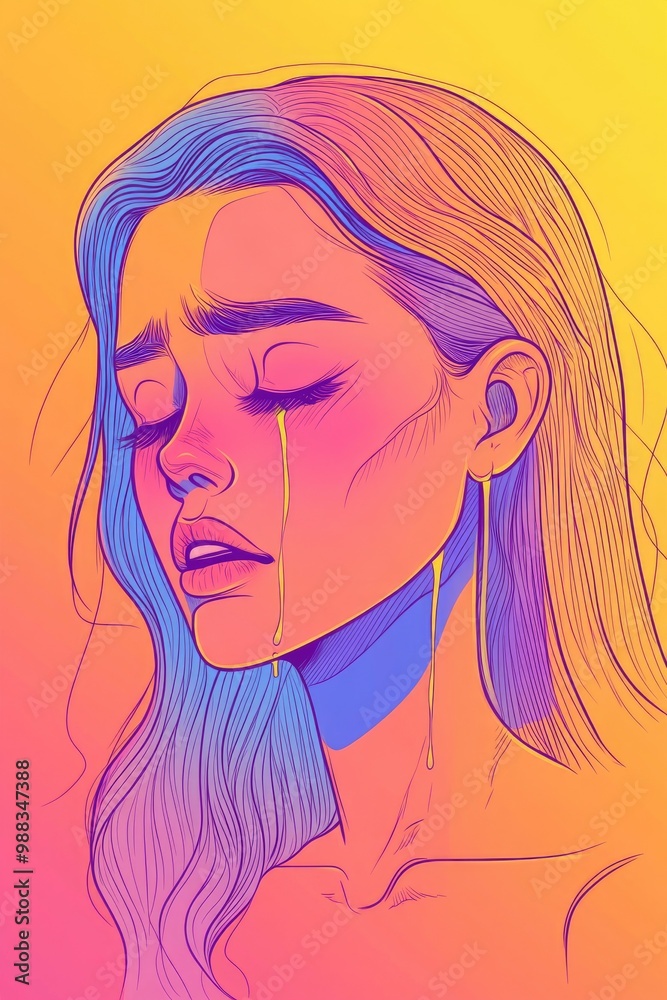 Line art illustration featuring a warm gradient depiction of a cartoon woman in tears Line art illustration featuring a warm gradient depiction of a cartoon woman in tears