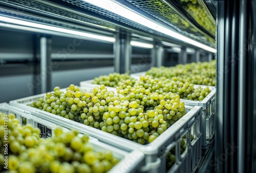 Wallpaper Mural Grapes in crates. A warehouse filled with crates of green grapes under fluorescent lights. Torontodigital.ca
