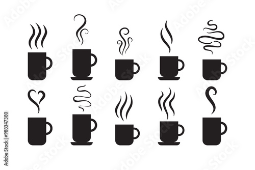 Smells line icon set, hot aroma Coffee, tea in cup, smells or fumes. Isolated symbols doodle glasses of hot drinks. Fragrances evaporate icons.