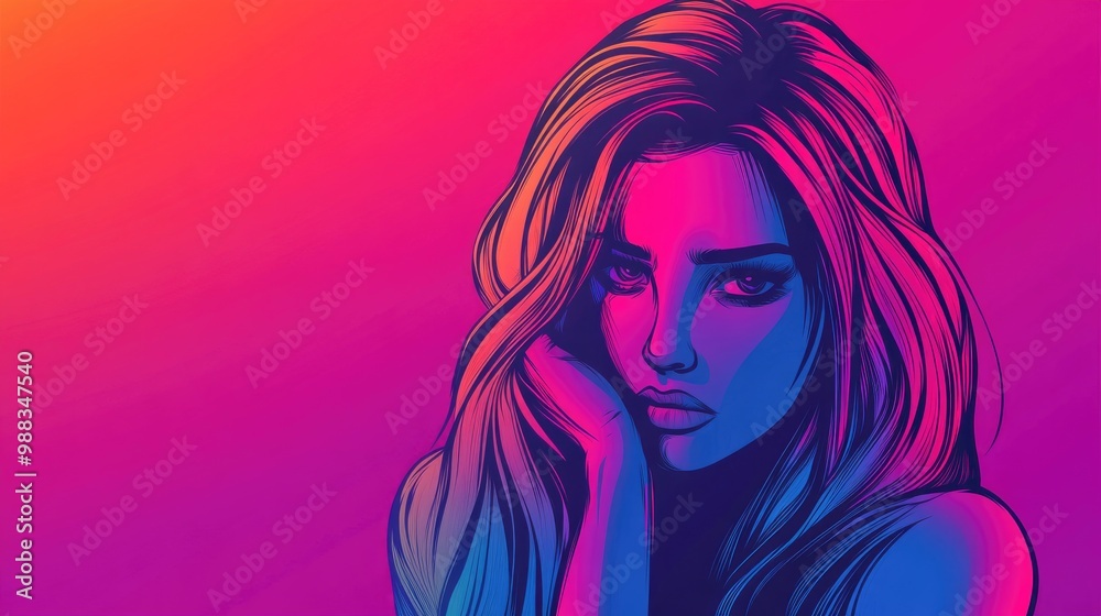 Line art illustration featuring a vibrant gradient depiction of a concerned cartoon woman Line art illustration featuring a vibrant gradient depiction of a concerned cartoon woman