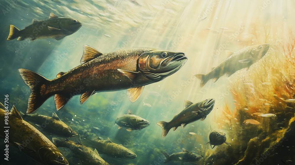 Salmon swimming on the surface of fish farm. fish. Illustrations
