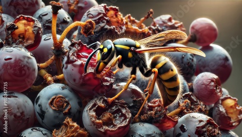 Wasp eating grapes. A wasp with yellow and black stripes feasts on a cluster of ripe, juicy grapes. photo