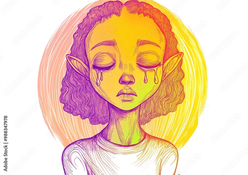 Line art illustration featuring a warm gradient drawing of a cartoon girl alien with tears Line art illustration featuring a warm gradient drawing of a cartoon girl alien with tears