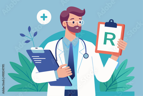 A healthcare professional stands in a clinic, confidently presenting a prescription to the camera with a clipboard in hand.
