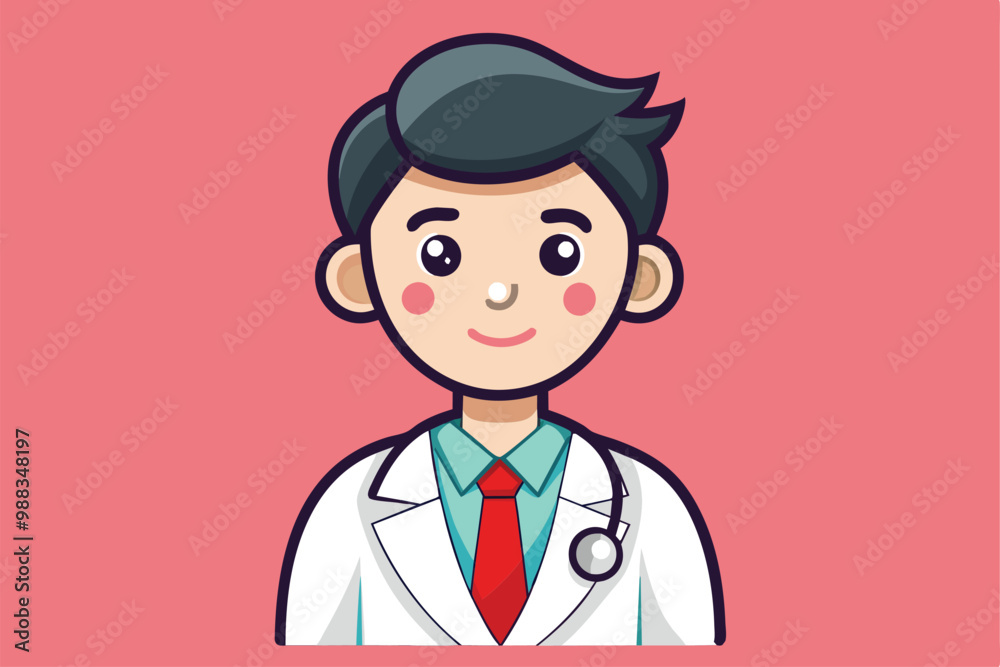 A cheerful male doctor smiles warmly while wearing a white coat, stethoscope, and red tie, set against a vibrant pink background. A cheerful male doctor smiles warmly while wearing a white coat, stethoscope, and red tie, set against a vibrant pink background.