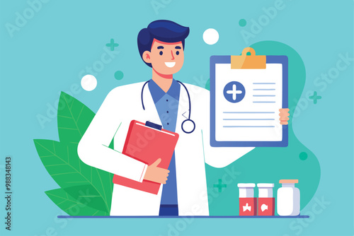 A doctor stands confidently, displaying a prescription pad in one hand, showcasing professionalism in a vibrant, welcoming office space.