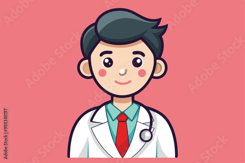 A cheerful male doctor smiles warmly while wearing a white coat, stethoscope, and red tie, set against a vibrant pink background.
