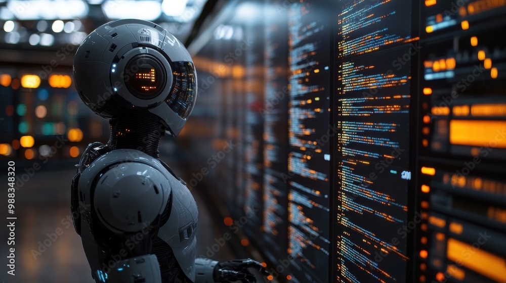 Illustration of a virtual robot in a stock trading area controlled by a robot under modern technology system. Technology of the future. Illustration of a virtual robot in a stock trading area controlled by a robot under modern technology system. Technology of the future.