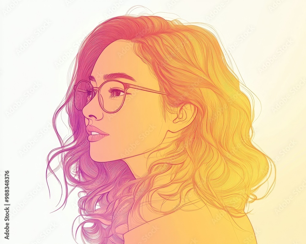 Line art illustration featuring a warm gradient drawing of a cartoon woman with glasses Line art illustration featuring a warm gradient drawing of a cartoon woman with glasses