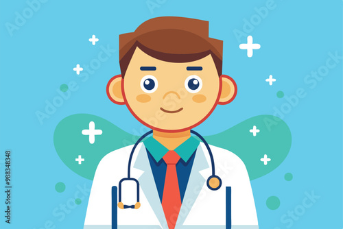 A cheerful doctor wearing a white coat and stethoscope smiles against a vibrant blue backdrop with abstract shapes.