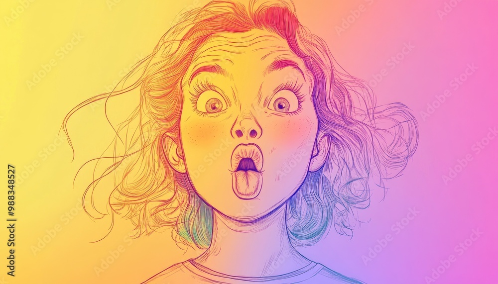 Line art illustration featuring a cool gradient drawing of a cartoon girl making a funny face Line art illustration featuring a cool gradient drawing of a cartoon girl making a funny face