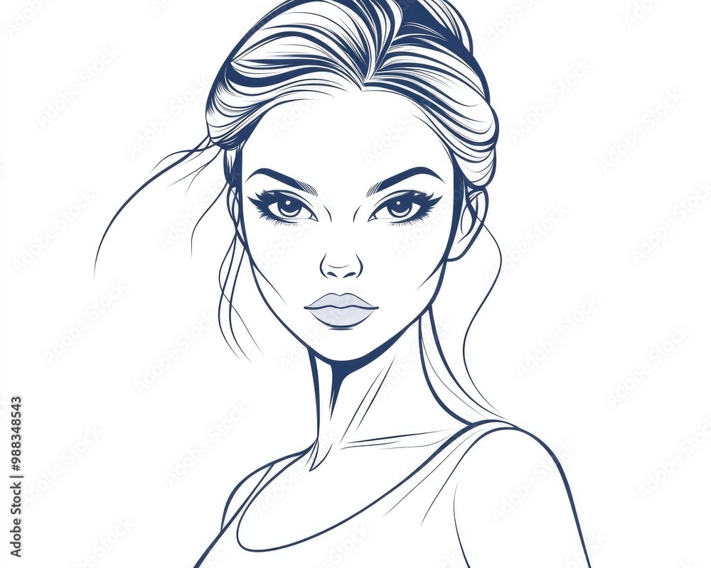 Line art illustration of a cartoon woman with a serious expression Line art illustration of a cartoon woman with a serious expression
