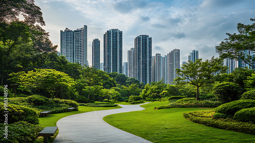 Modern city park surrounded by high-rise buildings. 