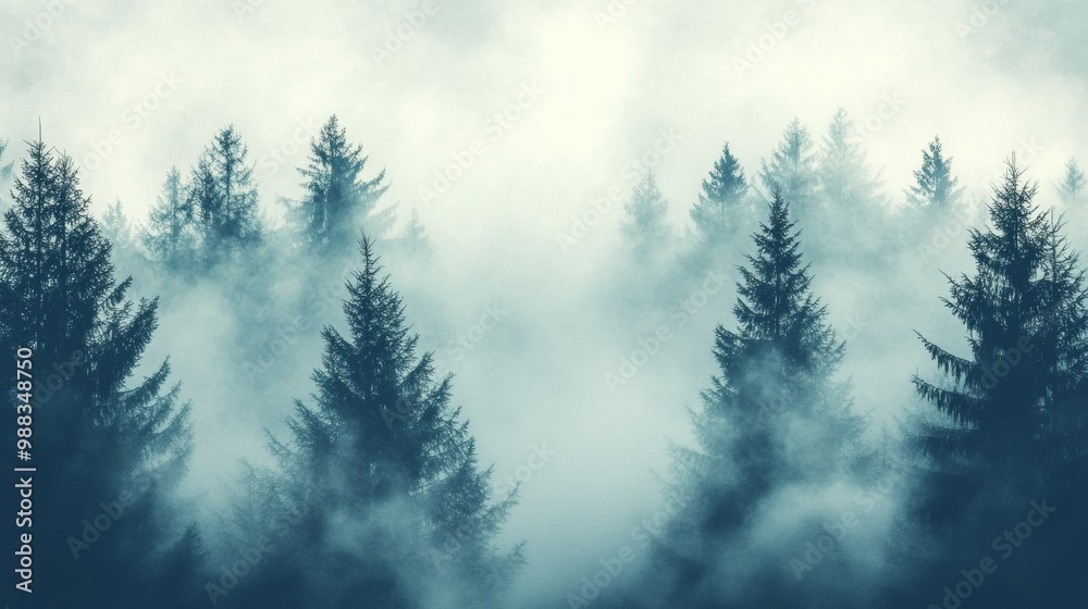 Fototapeta premium Foggy forest landscape with pine trees. Vintage nature background