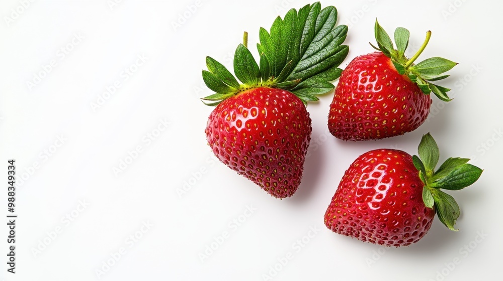 Three fresh strawberries with green leaves isolated on a clean white background highlighting the natural beauty and vibrancy of the fruit Three fresh strawberries with green leaves isolated on a clean white background highlighting the natural beauty and vibrancy of the fruit