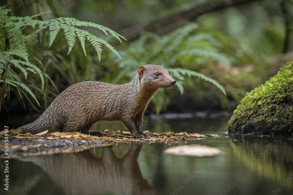 Mongoose Foraging by a Shaded Riverbank in a Tropical Forest Mongoose Foraging by a Shaded Riverbank in a Tropical Forest
