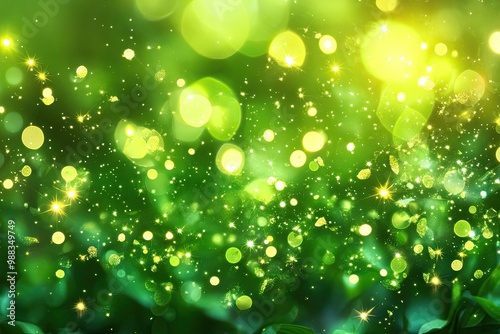 Green background with bokeh lights. Perfect for nature, spring, or magical themes.