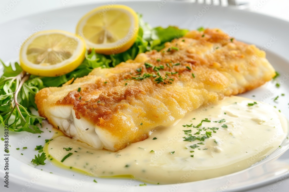 White Fish Fillet, Breaded Pike Perch, Zander Fillet with Cream Sauce Closeup, Restaurant Main Course White Fish Fillet, Breaded Pike Perch, Zander Fillet with Cream Sauce Closeup, Restaurant Main Course