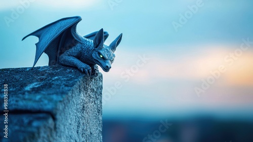 A grotesque gargoyle perched atop a crumbling castle turret its wings partially unfurled its stone skin weathered by time its eyes glowing an eerie green in the darkness. photo