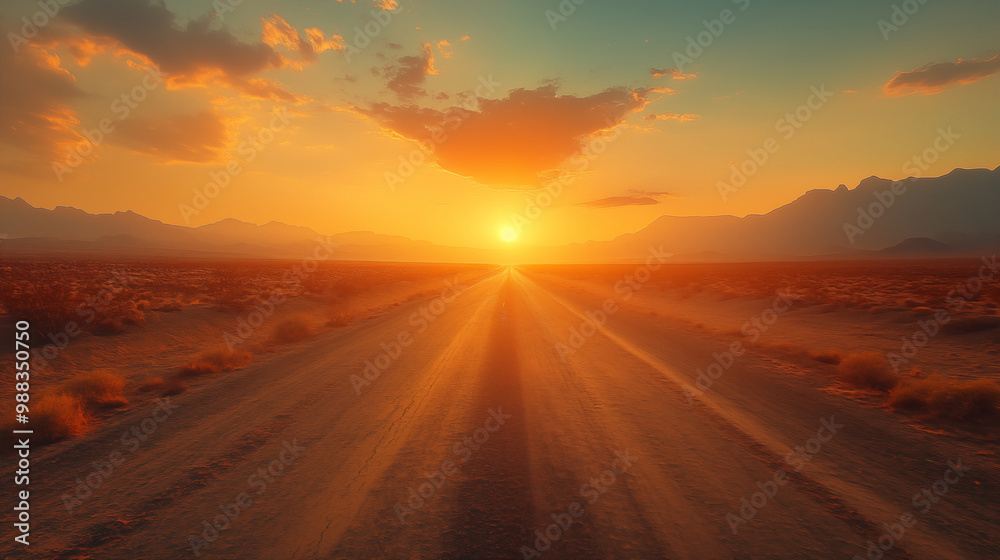 Sunset over desert road, mountain silhouettes on horizon, dramatic sky Sunset over desert road, mountain silhouettes on horizon, dramatic sky
