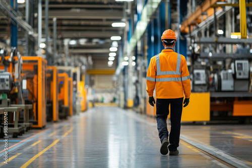 An engineer in a safety suit and helmet walking through an automated assembly line, inspecting the production process, conveying the idea of precision and safety in industrial environments