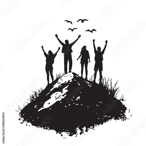 silhouette Group of people hiking on mountain top adventure and active lifestyle vector image.