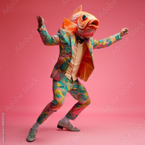 Freak in fish mask dancing, masquerade, absurd carnival, having fun in costume party, weird mask head