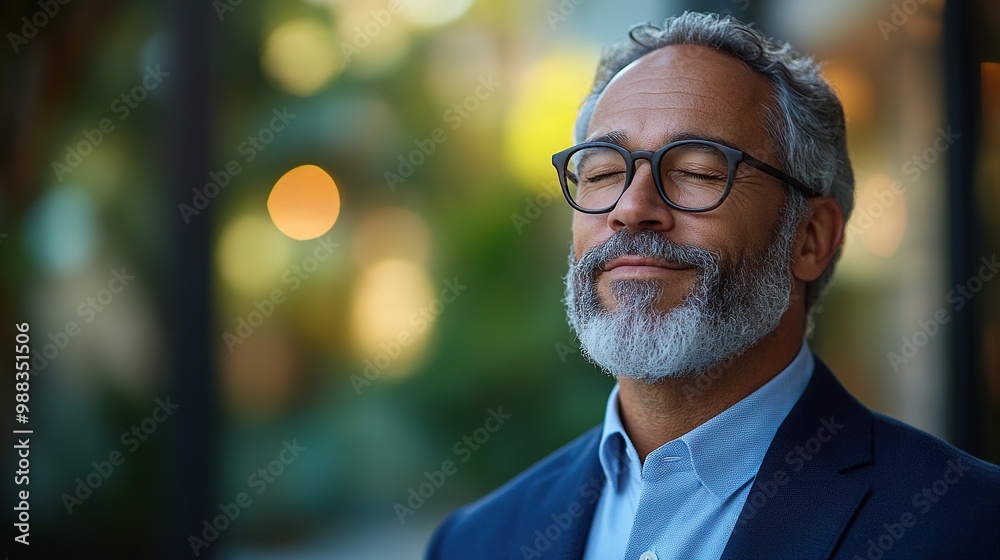 cheerful mature businessman keeping eyes closed, taking deep breath while standing outside during break from work cheerful mature businessman keeping eyes closed, taking deep breath while standing outside during break from work