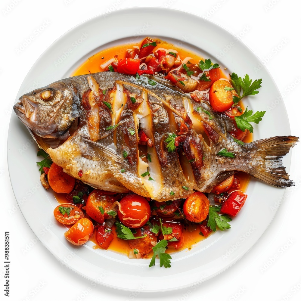 Fried fish with vegetables, whole sea bass with stewed tomatoes, sweet pepper, carrots and onions Fried fish with vegetables, whole sea bass with stewed tomatoes, sweet pepper, carrots and onions