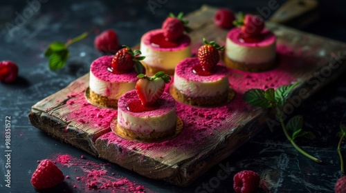 Cakes with raspberries on a cutting board 