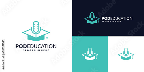 graduation hat and microphone logo design, logo design template, icon, vector, symbol, idea, inspiration.