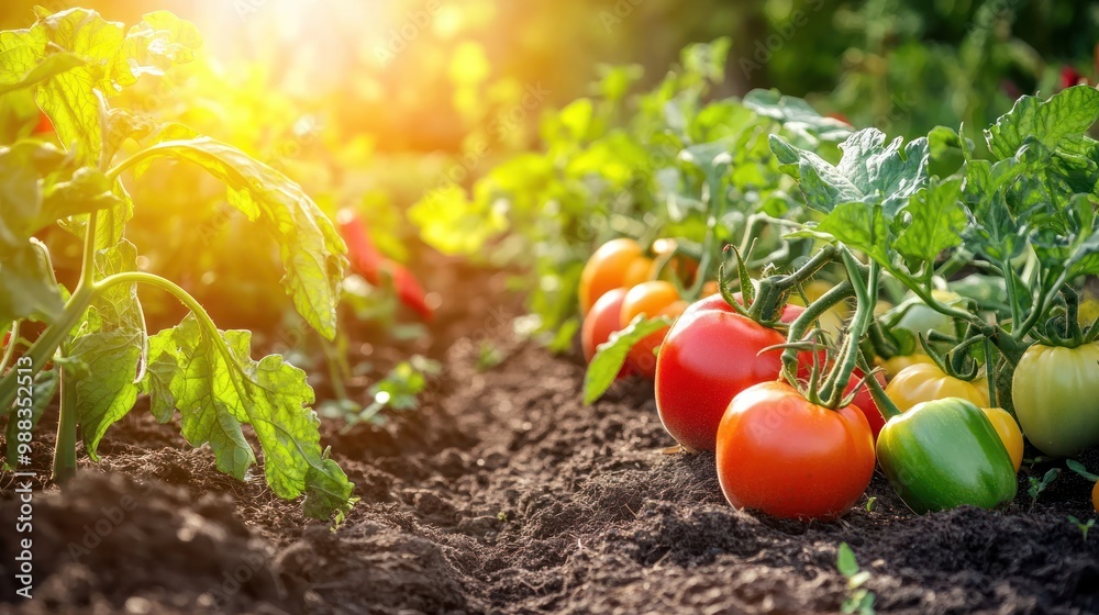 A summer garden setting with an abundance of seasonal vegetables like tomatoes, zucchini, and bell peppers growing in rich, fertile soil, with the sun shining brightly overhead A summer garden setting with an abundance of seasonal vegetables like tomatoes, zucchini, and bell peppers growing in rich, fertile soil, with the sun shining brightly overhead
