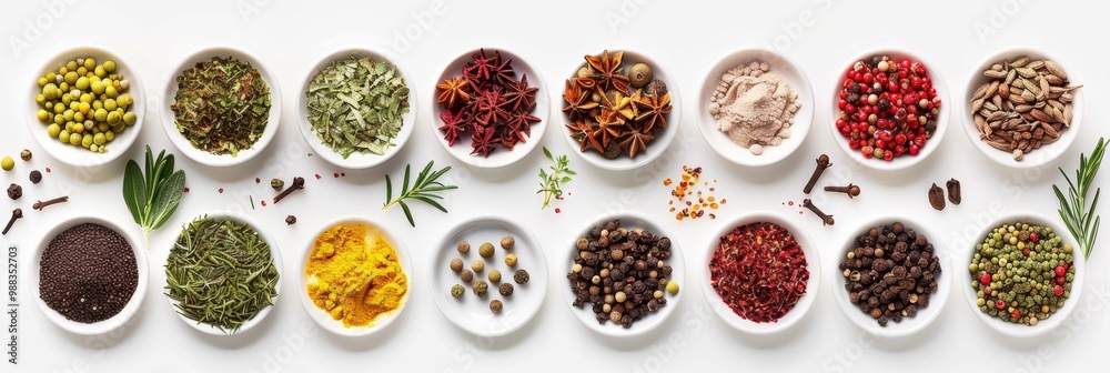 Fresh spices and herbs set, pepper piles collection, aromatic plants, seasonal food collection, various spices Fresh spices and herbs set, pepper piles collection, aromatic plants, seasonal food collection, various spices