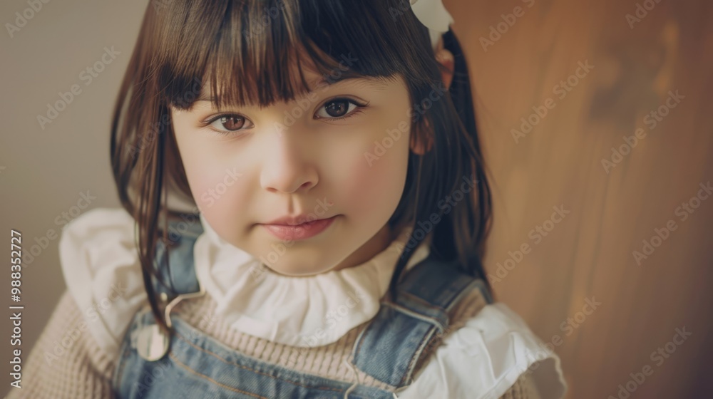Fototapeta premium Little girl in denim overalls with white collar 