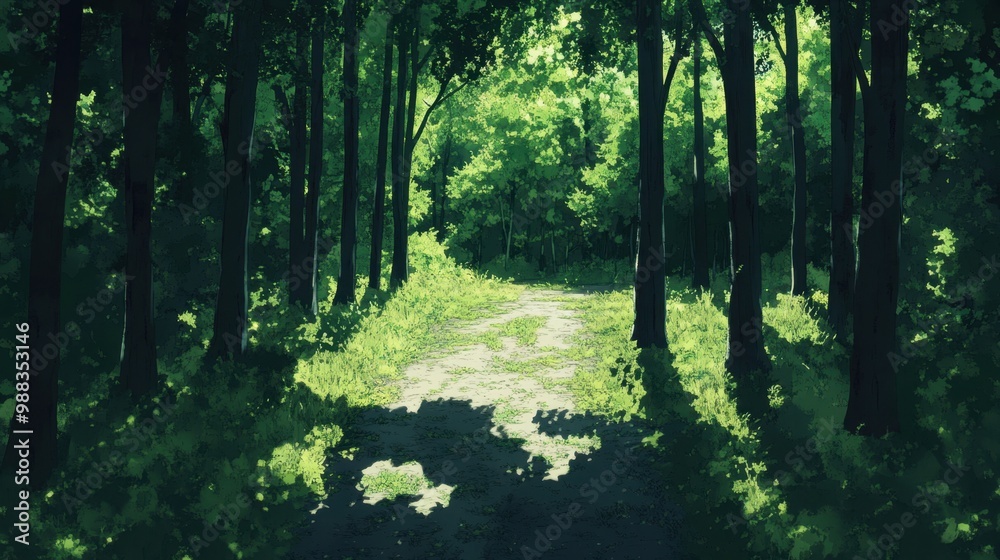 Obraz premium Dense forest with tall trees casting long shadows onto the path creating a tranquil nature scene with abundant greenery