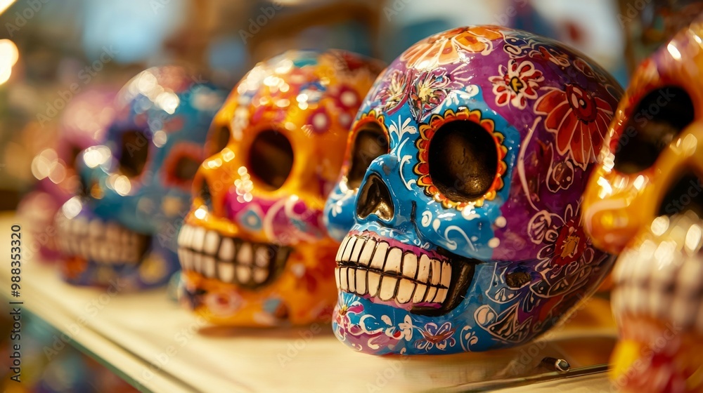 Skull Artistry : Close-up of intricately decorated sugar skulls with bright patterns and detailed designs, showcasing traditional Day of the Dead artistry and craftsmanship Skull Artistry : Close-up of intricately decorated sugar skulls with bright patterns and detailed designs, showcasing traditional Day of the Dead artistry and craftsmanship