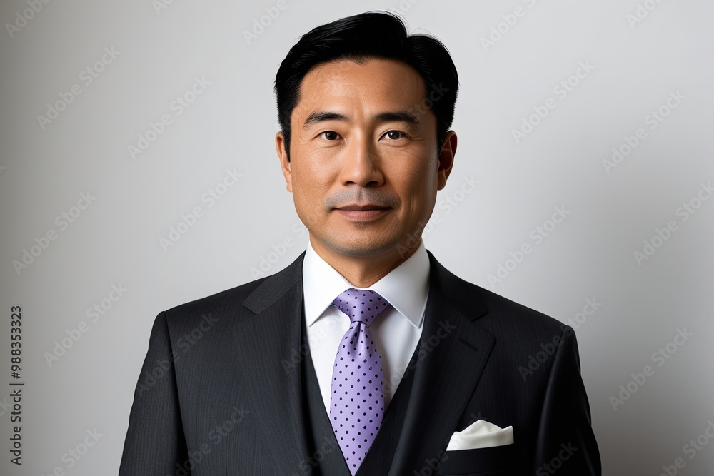 Polished Asian Man in Graphite Suit with Lavender Polka Dot Tie and White Pocket on a White Background Polished Asian Man in Graphite Suit with Lavender Polka Dot Tie and White Pocket on a White Background